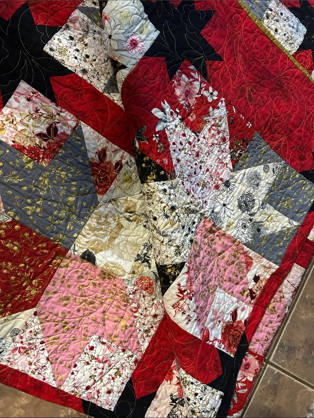 ONE IF A KIND - HANDCRAFTED Floral  Quilt - Red, Black, Pink and White.
